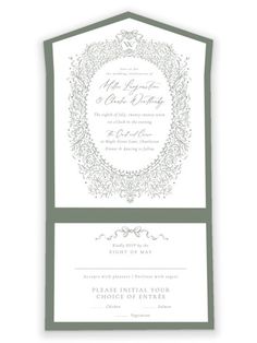 the wedding stationery is shown in green and white, with an ornate frame on top