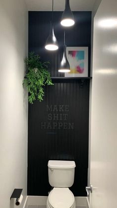 a white toilet sitting inside of a bathroom next to a plant on top of a shelf