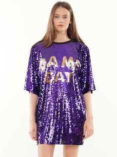 100% Polyester imported Cotton lining Pull On closure Dry Clean Only Trendy Game Day sequin t shirt dress purple and gold Front side purple sequins, back side plain black Wear as a dress or tunic Super cute purple sequins T shirt MINI DRESS GAME DAY REGULAR WOMENS SIZE Sleeve 35cm, Length 84cm, Bust 112cm -fits size Small-Large Above the knee Wear it any day to support your favorite team Purple Short Sleeve Party T-shirt, Purple Crew Neck Top For Party, Purple Short Sleeve T-shirt For Party, Party Season Sequined Crew Neck T-shirt, Sequin T Shirt, Sequin T Shirt Dress, Trendy Games, Black Wear, Geaux Tigers