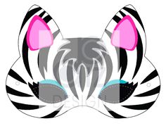 a zebra mask with pink ears and blue eyes on the front, in black and white stripes