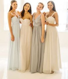 four bridesmaid dresses you won't hate are featured in this ad for the wedding party