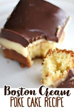 an easy boston cream poke cake with chocolate frosting