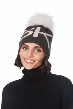 Linda Richards Wool Ski Pom-pom Hat HA-71 | Black Fur Pom Pom Hat, Stylish Hats, Pom Pom Hat, Fur Pom Pom, Knit Hat, Large White, Knitted Hats