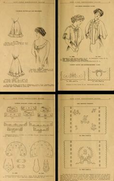 four pages with different designs and instructions for sewing on them, all in one page