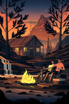 two people sitting in chairs around a campfire at night with the sun setting behind them