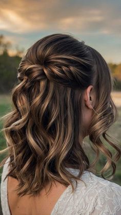 Short Hairstyles For Prom Half Up, Easy Hairstyles For Medium Hair Half Up Half Down Wedding, Half Up Half Down Bridesmaid Hair Short, Shoulder Length Hairstyles For Wedding, Shoulder Length Formal Hairstyles, Easy Prom Hairstyles, Med Hair, Simple Braids, Easy Homecoming Hairstyles