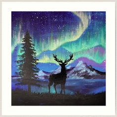 a painting of a deer standing in front of an aurora bore