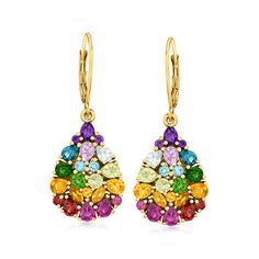 Ross-Simons - 5.48ct t. w. Multi-Gemstone Teardrop Earrings in 18kt Yellow Gold Over Sterling. These earrings grant you access to a mystifying rainbow you won't have to chase to catch a glimpse of! In an astounding showcase of vibrancy, a total of 5.48 ct. tot. gem wt. multi-shaped rhodolite garnets, garnets, amethysts, tonal blue topaz, citrines, chrome diopsides and peridots suspend in teardrop-shaped clusters. Set in 18kt yellow gold over sterling silver. Hanging length is 1 1/2". Leverback, Formal Multi-stone Teardrop Earrings, Formal Teardrop Multi-stone Earrings, Fine Jewelry Multi-stone Drop Earrings, Fine Jewelry Teardrop Multi-stone Earrings, Multicolor Teardrop Earrings For Formal Occasions, Teardrop Multi-stone Earrings For Anniversary, Garnet Birthstone, Citrine Stone, Yellow Stone