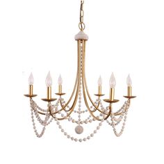 a gold chandelier with pearls hanging from it's sides and four lights on each side