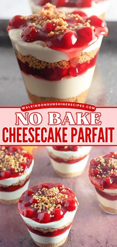 This No Bake Cheesecake Parfait with Cherry Pie Filling is a no-bake treat made with a cheesecake filling, graham cracker crumbs, and topped with a sweet cherry pie topping. It's a quick and easy dessert to make at home! Cherry Pie Filling Cheesecake, Dessert Shots No Bake, Cheesecake Supreme Recipe, Pie In A Cup No Bake, Jello Deserts Ideas, Recipe With Cherry Pie Filling, Easy Layered Desserts, Graham Cracker Parfait, Homemade Parfait Recipes