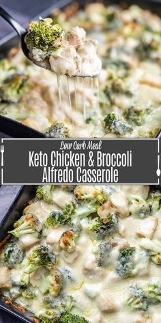 broccoli chicken and broccoli alfredo casserole is being lifted with a fork