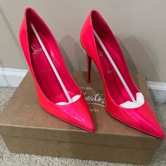 Christian Louboutin's Signature Kate Pumps - Created In Homage To Kate Moss - Are Crafted From Bright-Pink Patent Leather With A Towering Stiletto Heel. Colour: Pink Composition: Calf Leather. Place Of Origin: Italy Point Toe Stiletto Heel Leather Sole Original Size On Shoe Is 39 Runs A Size Small ( Personally It Fits A Size 8) Comes With Box And Dust Bag Classic Pink Snug Fit Heels, Classic Fitted Pink Heels, Pink Heels With Red Sole, Nude Strappy Heels, Leopard Pumps, Low Heel Sandals, Block Heel Shoes, Chunky Block Heels, Brown Leopard