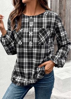 Color:Black;Size:S;Size:M;Size:L;Size:XL;Size:XXL;Package Contents:1 X Blouse;Occasion:Other;Style:Casual; Soft Tummy, Elegant Dresses Plus Size, Geometric Clothing, Round Neck Blouse, Stylish Blouse, Plaid Tops, Cardigan Tops, Swim Dress, Black Button