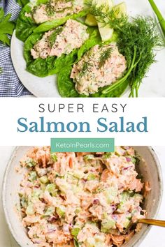 salmon salad with lettuce and cucumbers in a bowl