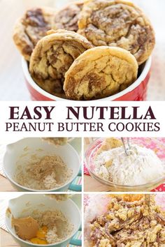 easy nutella peanut butter cookies recipe in a red cup with text overlay that says easy nutella peanut butter cookies