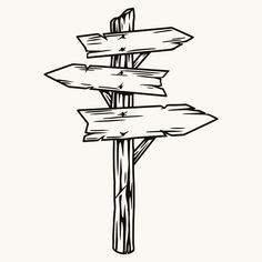 a black and white drawing of a wooden sign post with arrows pointing in different directions