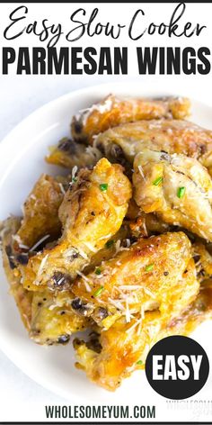 an easy slow cooker parmesan wings recipe on a white plate with text overlay