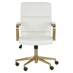 a white office chair with gold accents and wheels