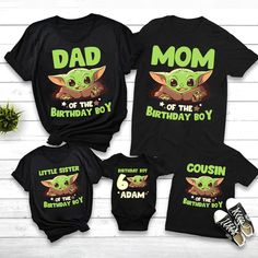 three matching shirts with the words, mom and baby yoda on them are sitting next to each other