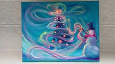 a painting of a snowman and a christmas tree on a blue background with swirls