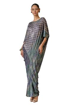 Peacock kaftan with phulkari print and jewel accents on neckline and sleeves. - Aza Fashions Designer Wear Bandhani Print Kaftan With Traditional Drape, Bollywood Style Kaftan With Bandhani Print, Diwali Bandhani Print Kaftan, Elegant Maxi Kaftan With Printed Motifs, Traditional Bohemian Bandhani Print Kaftan, Navratri Silk Kaftan With Printed Motifs, Anarkali Style Kaftan For Receptions, Bohemian Silk Traditional Wear, Floor-length, Elegant Festive Kaftan With Printed Motifs