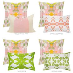 four pillows with different designs on them and the words, velvet panel pink, parson orange, mosaic green