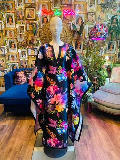 The "Midnight Garden" Kaftan is the perfect garment to connect all the seasons... This magnificent floral print silk/viscose blend fabric combines elegance and comfort in such a magical way that its wearer is assured to be a breath of fresh air in any space or room...  All Kaftans/Kaftunics  are handmade with custom details, therefore: 1. Please provide your full height, waist and hip measurements to assure a more custom fit. 2. For additional custom requests, please feel free to contact me direct. Floral Print Patterned Kaftan With Kimono Sleeves, Patterned Kaftan With Floral Print And Kimono Sleeves, Fitted Multicolor Kaftan With Kimono Sleeves, Silk Floral Print Party Kaftan, Spring Party Kaftan With Floral Print, Spring Party Floral Print Kaftan, Silk Floral Print Patterned Kaftan, Multicolor V-neck Kimono With Floral Print, Fitted Silk Kimono With Floral Print