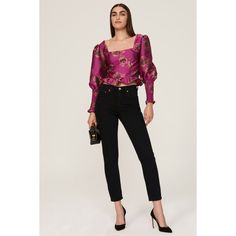 Pink floral jacquard (92% Polyester, 8% Spandex). Top. Long sleeves. Square neck. Side zipper closure. 18.5" from shoulder to hemline. Imported. Peter Som, Pink Floral Top, Spandex Top, Statement Sleeves, Work Uniforms, Rent The Runway, Floral Jacquard, Peplum Hem, Closet Designs