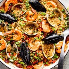 seafood and rice paella in a skillet