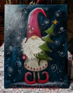 a painting of a gnome with a christmas tree on it's head and legs