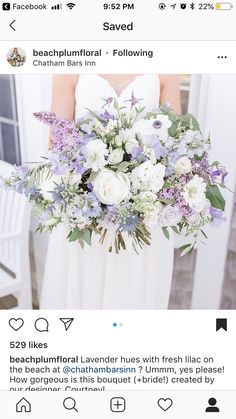 a woman holding a bouquet of white and purple flowers on her wedding day with instagrams