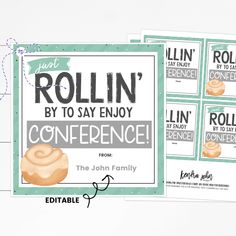 the rollin'by to say enjoy conference is displayed on top of two small cards