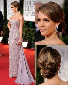 My Top 5 69th Golden Globe Awards Gowns 2012 http://girlyinspiration.com/ Jessica Alba Hair, Wedding Hair Front, Sanggul Modern, Low Chignon, Red Carpet Hair, Chignon Hair, Bridal Hair Updo, Front Hair Styles, Penteado Cabelo Curto