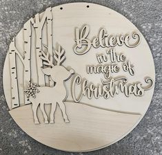 a wooden plaque with the words believe in the magic of christmas and a deer on it