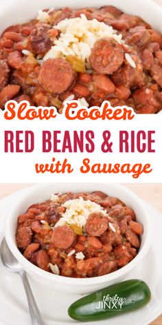 slow cooker red beans and rice with sausage in a white bowl on a wooden table