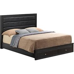 a black bed with two drawers underneath it