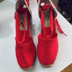 New Never Worn No Dust Cover Or Box Red Wedge Espadrilles, With Ribbons, From Gaimo. .Size 37. Sticker Says 7 Fully Lined, Red Wedges, Lace Up Espadrilles, Wedge Espadrilles, Espadrille Shoes, Dust Cover, Espadrilles, Wedges, Lace Up, Women Shoes