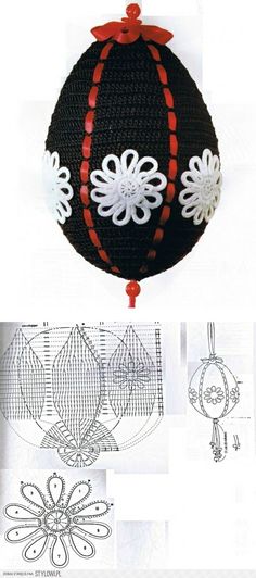 an ornament made out of yarn with flowers on the top and bottom, along with instructions for how to make it