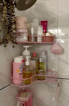 the bathroom shelves are filled with various items