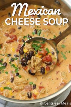 mexican cheese soup in a pot with a ladle full of beans, corn and tomatoes