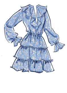 a drawing of a blue dress with ruffles on the bottom and long sleeves