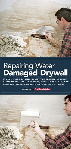 a man in plaid shirt painting a wall with drywall and water damage on it