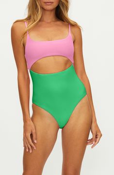 Colorblocking and cutouts bring a two-piece look to this one-piece swimsuit topped with a square neck and adjustable straps. Adjustable straps Moderate back coverage 82% polyester, 18% spandex Machine wash, dry flat Imported Green Square Neck Swimwear For Summer, Beach Riot, On Beach, Swimsuit Tops, Square Neck, One Piece Swimsuit, Color Blocking, Adjustable Straps, Two Piece