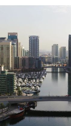 boats are docked in the water near large city buildings and a bridge that crosses over it