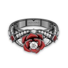 VANCARO Vintage Style Two Tone Black Ring With Red Rose Flower Design Diamond Rose Design Promise Ring, Diamond Promise Ring With Rose Design, Diamond Rings With Rose Design For Promise, Rose Diamond Rings For Anniversary, Formal Rose Diamond Rings, Elegant Rose Red Rings For Valentine's Day, Elegant Rose Red Promise Ring, Elegant Rose Red Rings For Anniversary, Elegant Rose Design Rings For Valentine's Day