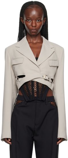 Plain-woven stretch polyester- and wool-blend blazer. · Notched lapel · Flap pockets · Cutouts at front · Integrated pin-buckle belt at hem · Padded shoulders · Four-button surgeon's cuffs · Full satin lining · Logo-engraved silver-tone hardware Supplier color: Alloy Formal Jackets For Women, Formal Jacket, Corset Fashion, 3d Fashion, Dion Lee, Silver Engraving, Cropped Blazer, Buckle Belt, Luxury Streetwear