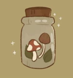 a jar filled with mushrooms and leaves on top of a brown background, surrounded by stars