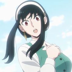 an anime character with long black hair wearing a green and white outfit, looking at the camera