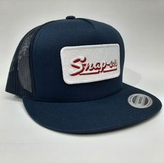 Brand new high-quality embroidered patch on a flat bill mesh trucker snapback cap hat blue Military Cap, Navy Marine, Army & Navy, Coast Guard, Embroidered Patch, Snapback Cap, Embroidered Patches, Caps Hats, Mesh