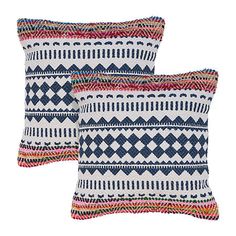 two decorative pillows in blue, red and white colors with geometric designs on the front